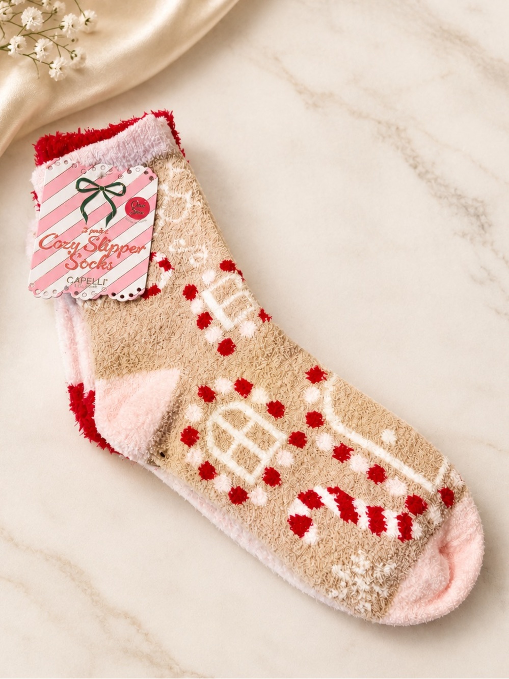 Cozy Slipper Socks with Red & Pink Accents
